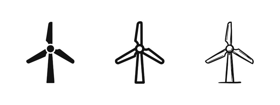 Wind turbine icon set for renewable energy and sustainable wind power in solid, outline, and hand-drawn styles.