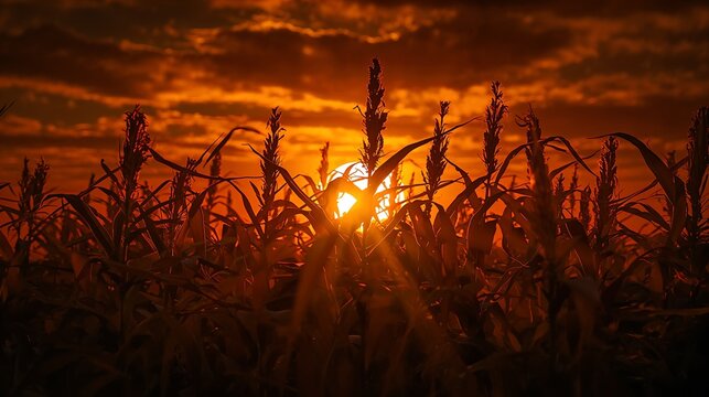 Planta&ccedil;&atilde;o de milho morta por calor e estiagem com sol se pondo ao fundo