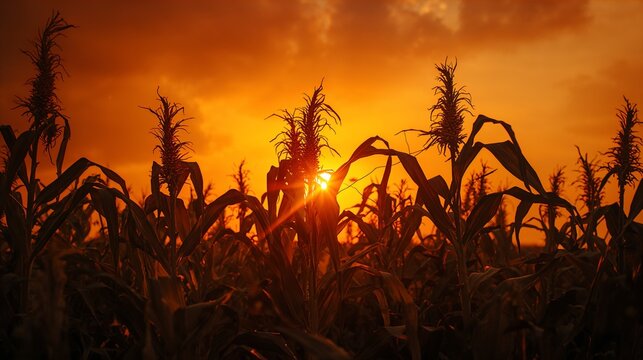 Planta&ccedil;&atilde;o de milho morta por calor e estiagem com sol se pondo ao fundo