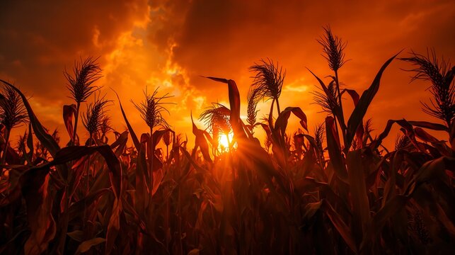 Planta&ccedil;&atilde;o de milho morta por calor e estiagem com sol se pondo ao fundo