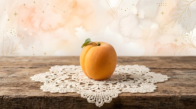 Ripe Apricot on Lace Doily with Pastel Watercolor and Gold Dust Background
