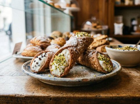 Traditional sicilian cannoli pastry filled with ricotta cheese at an italian bakery