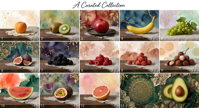 A Curated Collection of Diverse Fruits Portraits in Modern Watercolor Aesthetic