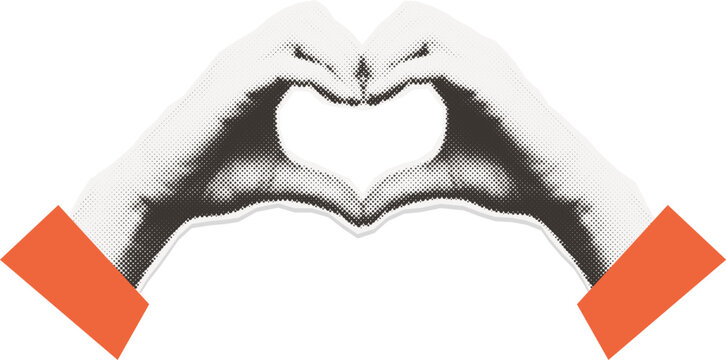 Retro halftone cutout hands forming heart gesture - isolated vector collage template element.