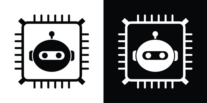 Hardware processing icon showcasing a cute robot head integrated directly inside a square microchip processor. Represents hardware intelligence, CPU power, and smart tech.