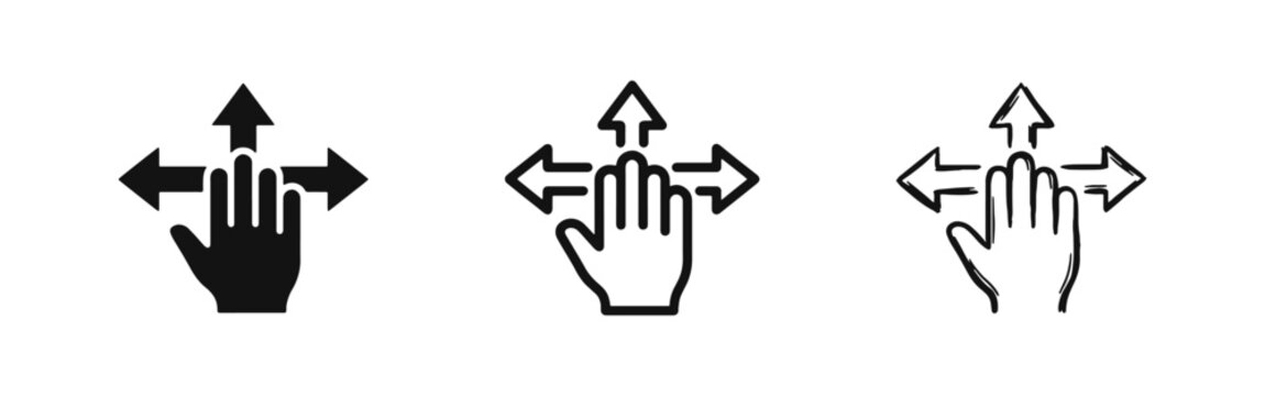 Navigation gesture icon set with hand and arrows for swiping and moving in multiple directions.