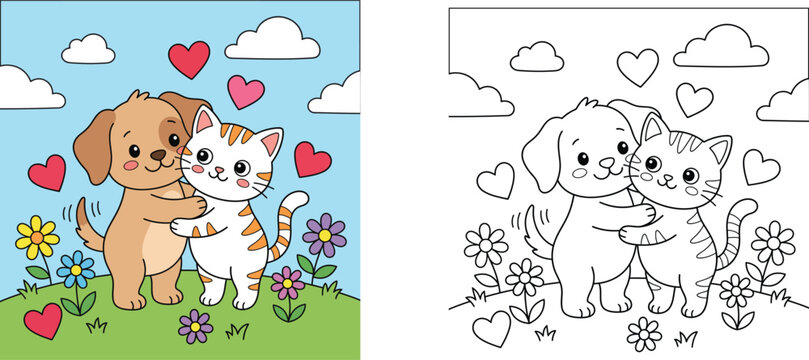 Cute Puppy and Kitten Hugging Coloring Page and Colored Illustration Set featuring Cartoon Dog and Cat Best Friends in a Garden with Hearts and Flowers for Kids' Activity Books (186 characters)