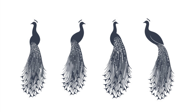 Elegant Peacock Silhouette Vector Set with Highly Detailed Textured Tails and Feathers for Luxury Branding, Patterns, and Decorative Ornaments
