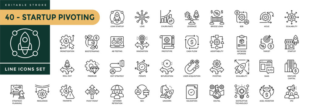 A collection of Startup Pivoting icons set with editable stroke, including  disruption, bifurcation, agile, innovation, adaptability, iterate. Thin linear vector illustration.