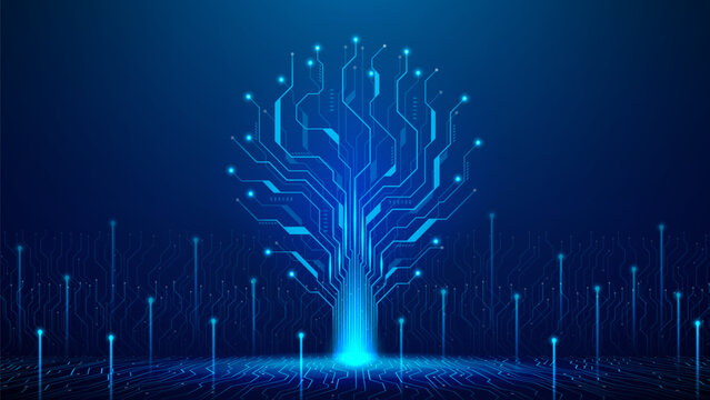 Abstract futuristic digital tree concept. Vector illustration with circuit lines forming data tree. Hi-tech glowing technology tree. Concept of big data visualization, artificial intelligence.