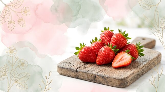 Fresh Strawberries Piled on Wooden Cutting Board with Pink Watercolor Background