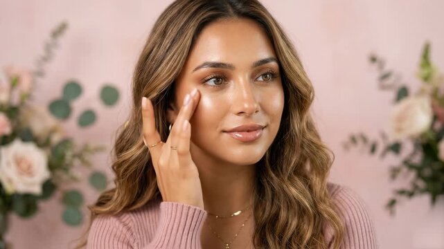 A cinematic portrait of a beautiful young brunette woman gently dabbing skin care product under her eye with her fingers. This natural lifestyle clip in a warm, cozy setting is ideal for anti-aging cr