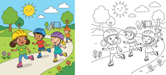 Fototapeta premium Cartoon Kids Roller Skating in a Sunny Park, Colored Illustration and Black and White Line Art Coloring Page for Children Education, Outdoor Sports and Activity Book for Kids