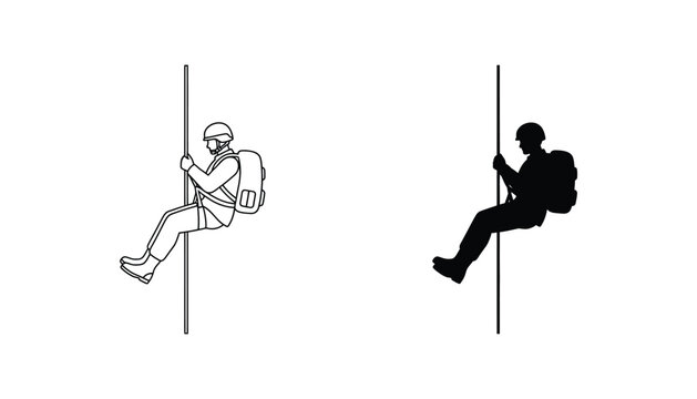 Military soldier rappelling down rope silhouette and line art vector graphic for tactical training and special operations concept design