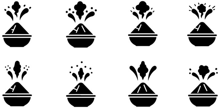 Set of black and white vector icons showing bowls filled with steaming hot spicy food
