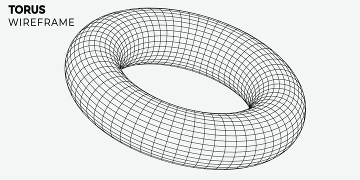 Abstract 3D torus wireframe model with black mesh lines on a white background. Modern minimalist geometric design for technology, mathematics, and digital art projects.