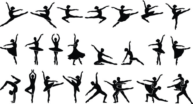 Ballet Dance Silhouette Vector Collection Featuring Graceful Ballerina Poses Contemporary Performance and Artistic Movement Set