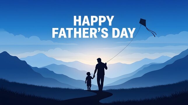Heartwarming father's day scene with silhouette of dad and child flying kite