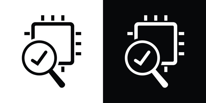 Minimalist line art icon of a microchip with a magnifying glass and checkmark, symbolizing AI system diagnostics, quality control, or tech validation.