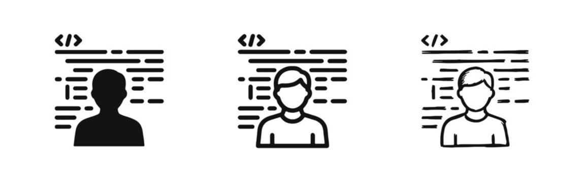 Web developer icon set with person profile and code lines for programming and software engineering.
