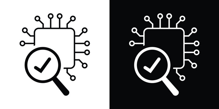 Minimalist line art icon of a microchip with a magnifying glass and checkmark, symbolizing AI system diagnostics, quality control, or tech validation.