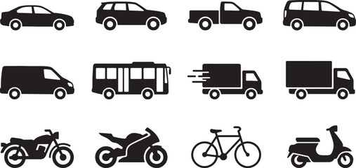 Vehicle Silhouette Vector Icons Set: Cars, Trucks, and Motorcycles © ANAMUL