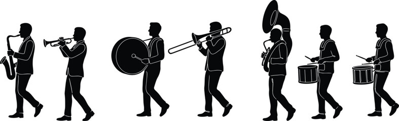 Marching Band Musician Silhouette Vector Set Featuring Brass Instruments Drummers and Parade Performance Illustrations © MSTRUMANA
