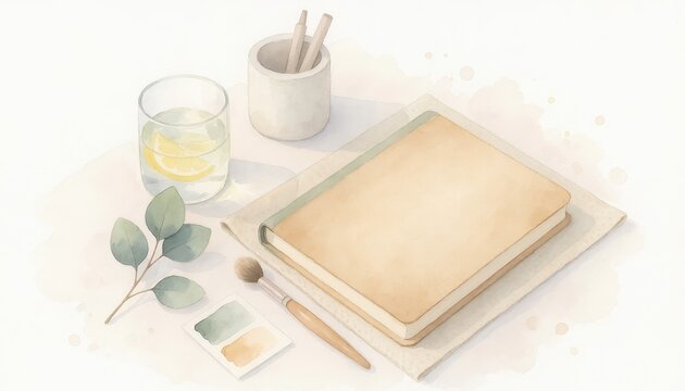Holistic health watercolor concept. Watercolor art supplies with sketchbooks, paintbrushes, and a glass of water.