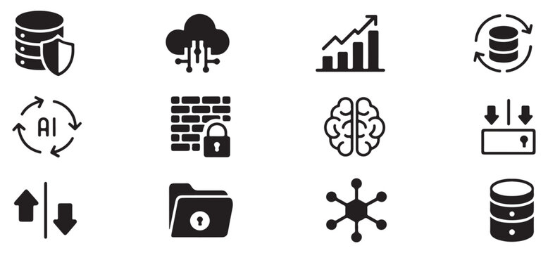 Variety of data and AI icons, including secured database, firewall, brain, and sync arrows.