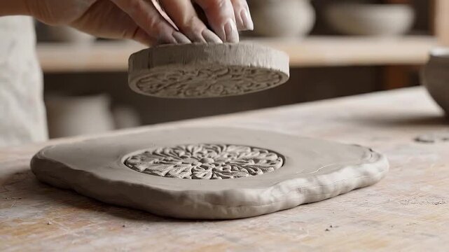 Closeup of a potters hands pressing a textured clay stamp into a flat slab of raw clay on a wooden table in a workshop