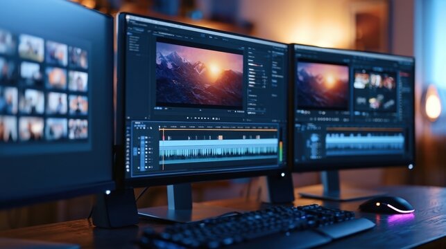 Dual monitor computer setup displaying professional video editing software with timeline and preview window in dimly lit modern workspace