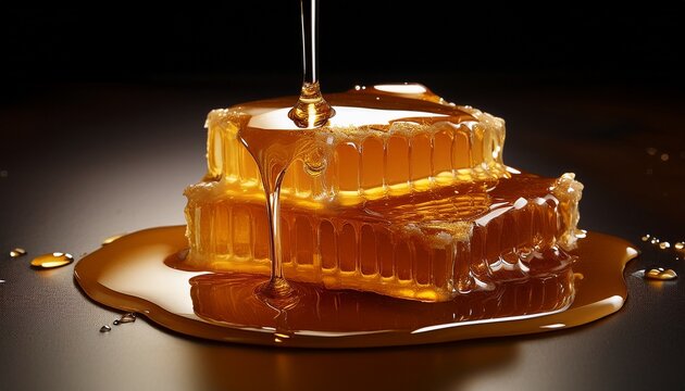 golden liquid honey dripping and flowing smoothly onto a dark surface creating a sweet and viscous texture
