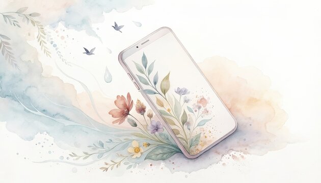 Holistic health watercolor concept. Smartphone with floral illustrations blending into watercolor background
