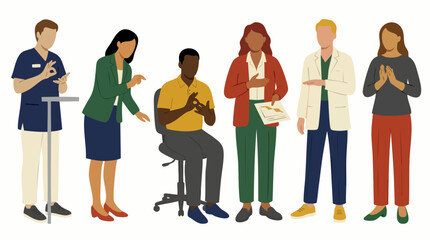 Obraz premium Diverse Professional Team Discussing Business Strategy and Workplace Communication Flat Vector Illustration for Corporate Presentations and Office Concepts to Improve Inclusion and Multidisciplinary C