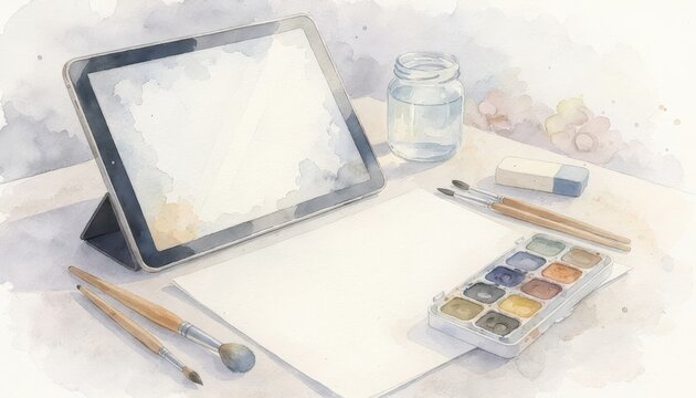 Holistic health watercolor concept. Watercolor painting setup with tablet, blank paper, brushes, and paint palette