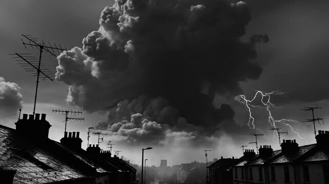 Dramatic black and white cityscape with ominous clouds, lightning flashing, and suburban rooftops as the storm rages.