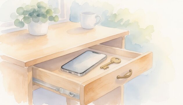 Holistic health watercolor concept. Wooden table with an open drawer holding a phone and key, near a window.
