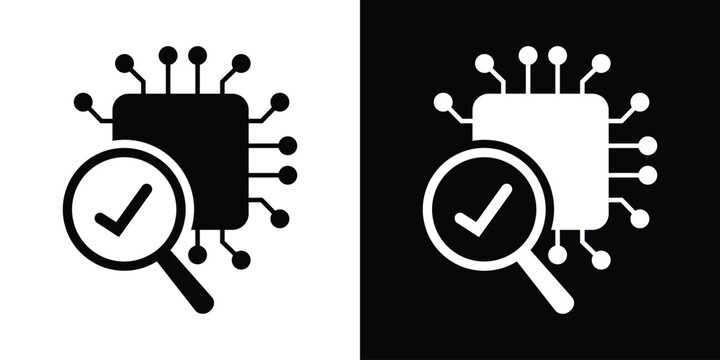 Solid glyph icon of an AI microchip being scanned with a magnifying glass and a checkmark, representing hardware verification or data compliance audit.