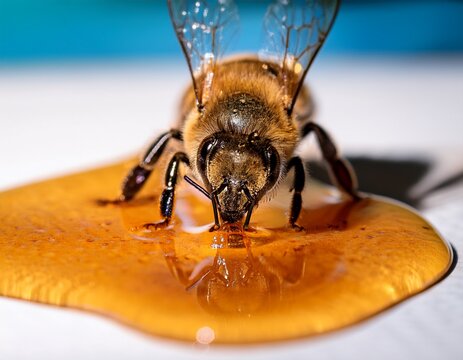 macro shot of a bee drinking nectar from a puddle of honey