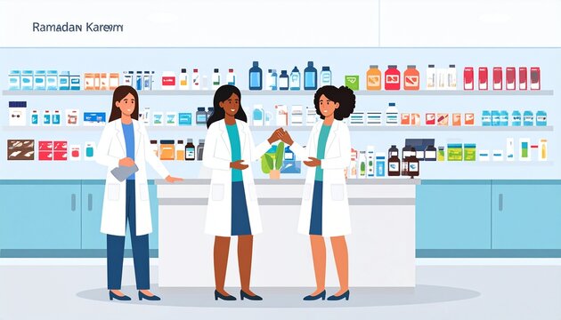 Ramadan Kareem Pharmacy Illustration with Female Pharmacists.
