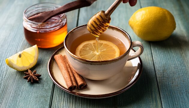 squeezing fresh lemon into a warm drink with honey and cinnamon for a natural healthy remedy