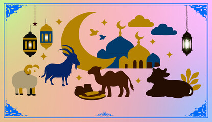 Naklejka premium Eid-ul-Adha Mubarak | Colorful Hand-Drawn | Artistic Illustration with Sacrificial Animals