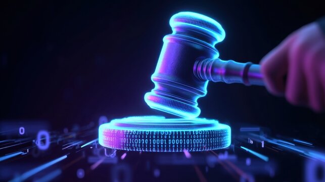 Digital justice concept with glowing illuminated judge gavel and binary code wheel symbolizing cybersecurity law enforcement and technology regulation