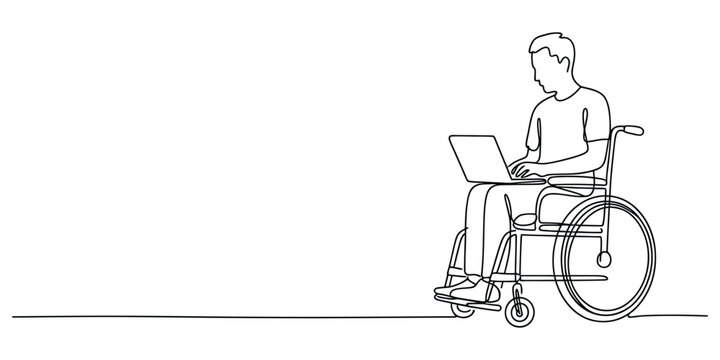 Man in wheelchair using a laptop computer continuous line