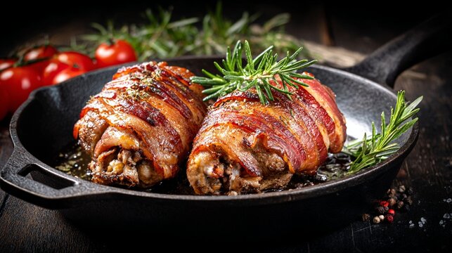 Succulent bacon-wrapped chicken rolls sit in a cast-iron skillet, garnished with fresh rosemary, ready to tantalize taste buds and elevate any meal experience to gourmet levels.
