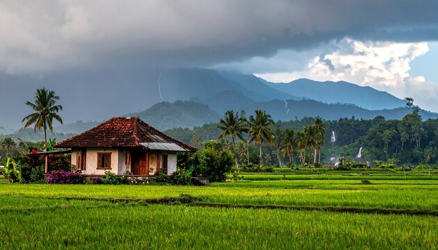 Typical Indian style home amidst paddy fields, mountains & waterfall during monsoon season in coastal or mountainous region of India.