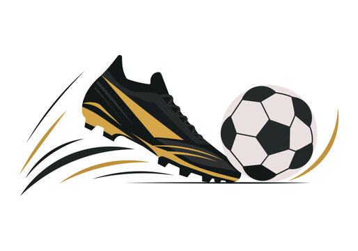 Soccer cleat kicking football, dynamic black and gold vector illustration and speed in solid style