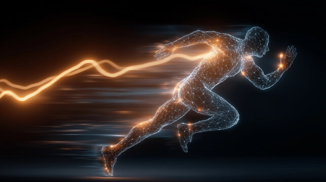 Digital Athlete in Motion: An illuminated, digitally rendered human form streaks forward in a dynamic pose, embodying speed, agility, and the essence of athletic performance.