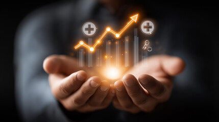Obraz premium Financial Growth in Hands: A person holds out their cupped hands, presenting a glowing 3D infographic depicting positive financial growth.
