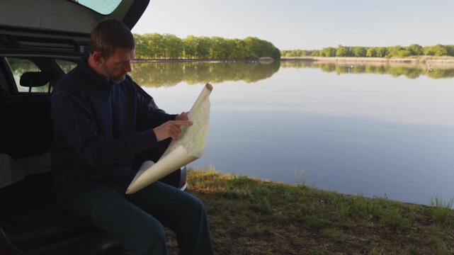 Middle age man sitting in car trunk and searching in paper map. Travel, adventure lifestyle concept